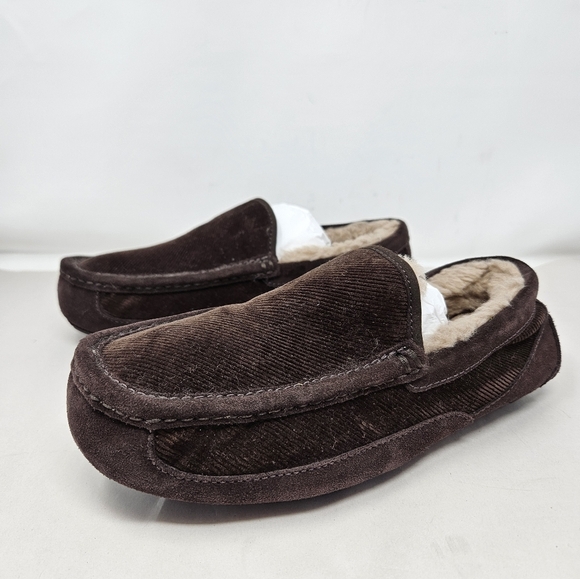 Ugg Mens Ascot Slippers Sz 7 Brown Suede & Fabric Upper Sherling Lined Plush - Picture 3 of 11